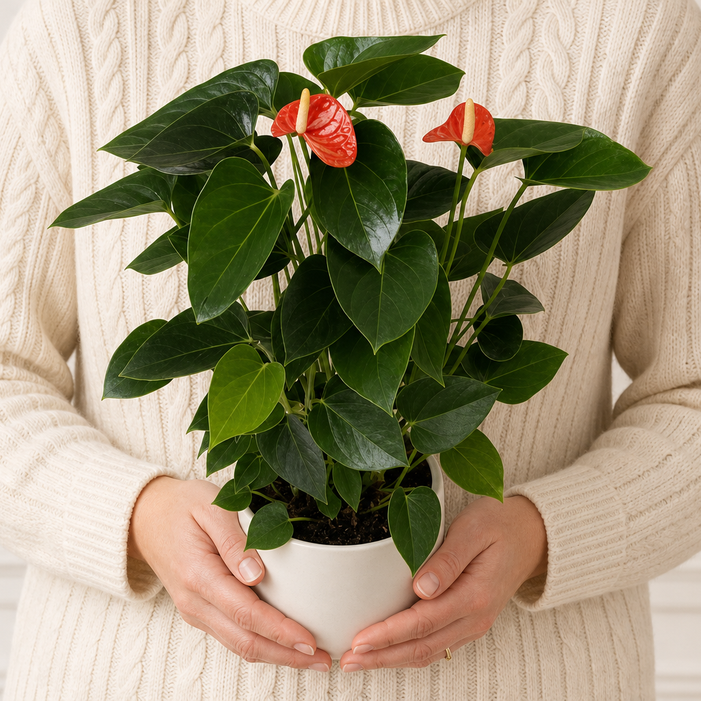Person holding the FRAGRANT potted plant outdoors, torso only without face