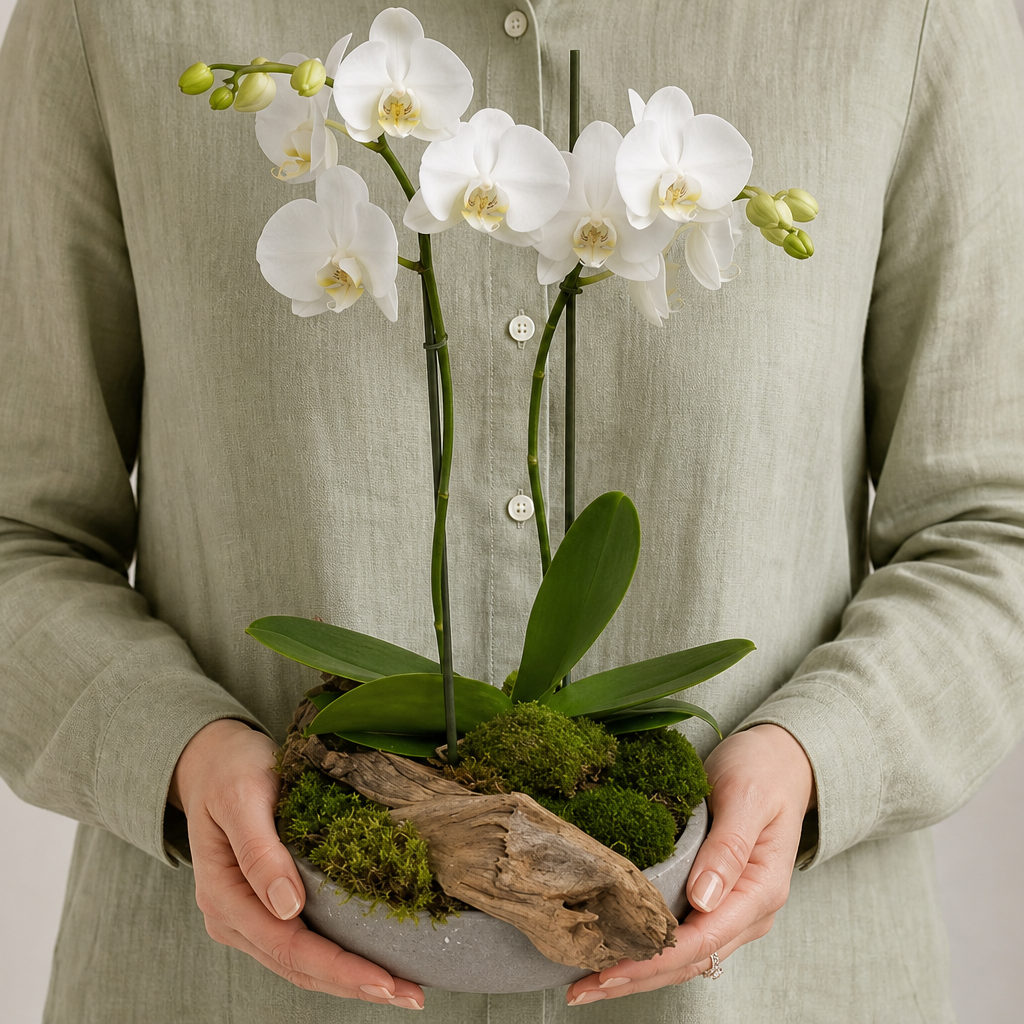 Person holding the GARDEN potted plant outdoors, torso only without face