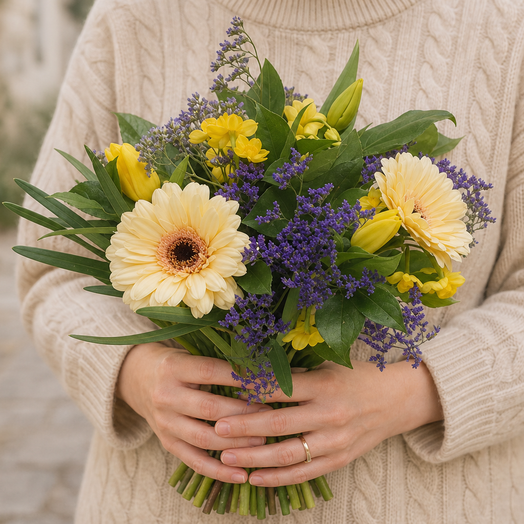 Person holding the GLORIOUS bouquet outdoors, torso only without face