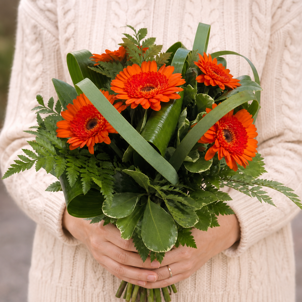 Person holding the GLOW bouquet outdoors, torso only without face