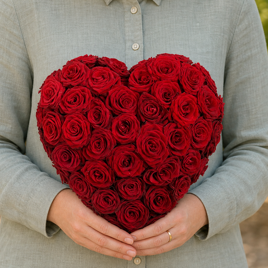 Person holding the HEART bouquet outdoors, torso only without face