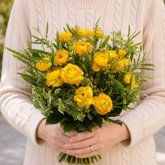 Person holding the HIT bouquet outdoors, torso only without face
