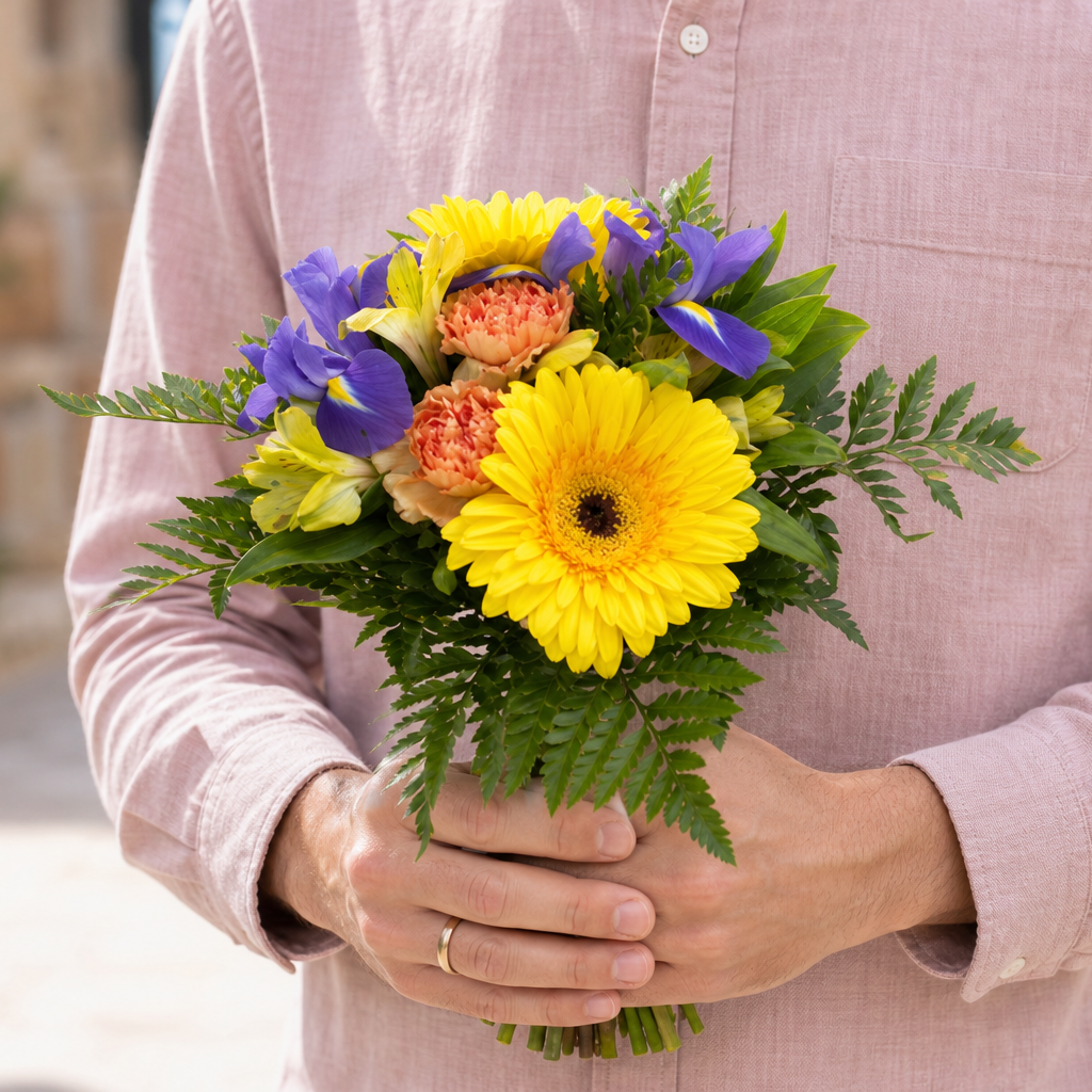 Person holding the HOPE bouquet outdoors, torso only without face