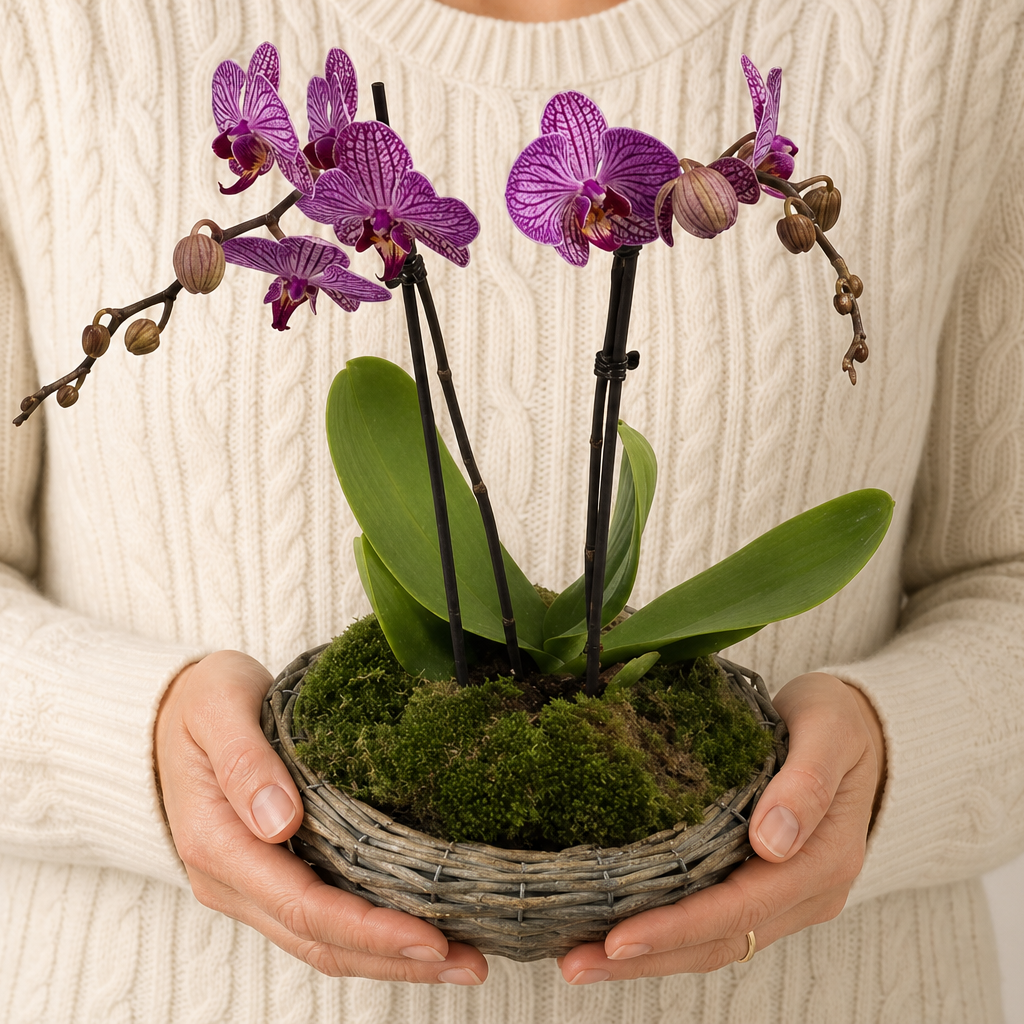 Person holding the INNOCENCE potted plant outdoors, torso only without face