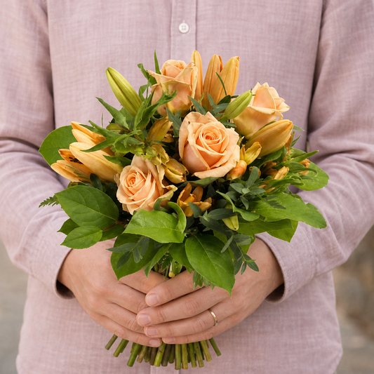 Person holding the JEWELS bouquet outdoors, torso only without face