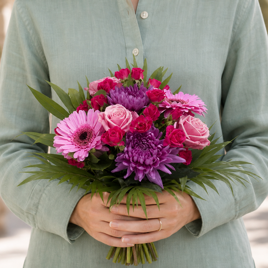 Person holding the JOYFUL bouquet outdoors, torso only without face