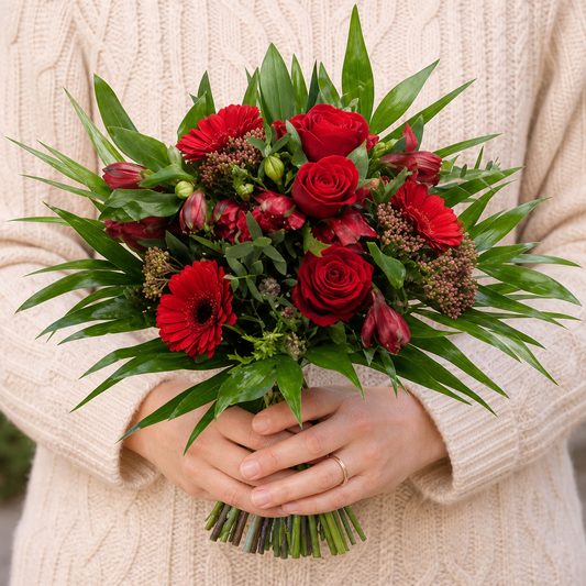 Person holding the KISSES bouquet outdoors, torso only without face