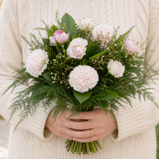Person holding the LIGHTNING bouquet outdoors, torso only without face
