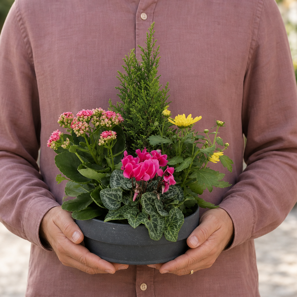 Person holding the OPAL potted plant outdoors, torso only without face