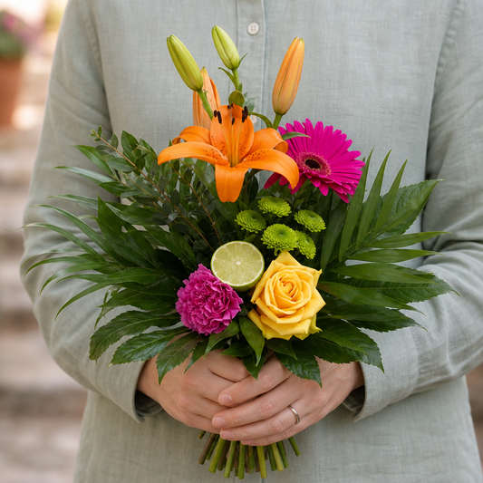 Person holding the OPULENT bouquet outdoors, torso only without face