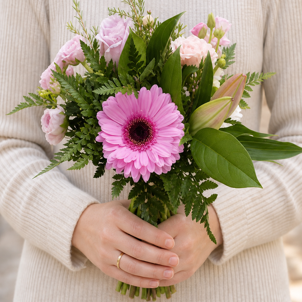 Person holding the PARISIEN bouquet outdoors, torso only without face
