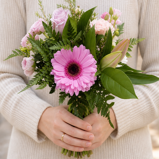 Person holding the PARISIEN bouquet outdoors, torso only without face