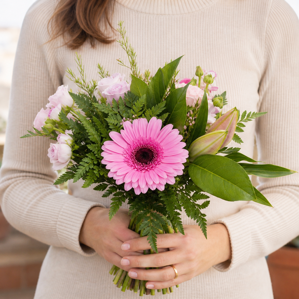 Person holding the PARISIEN bouquet outdoors, torso only without face