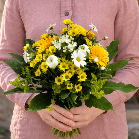 Person holding the PERFECTION bouquet outdoors, torso only without face