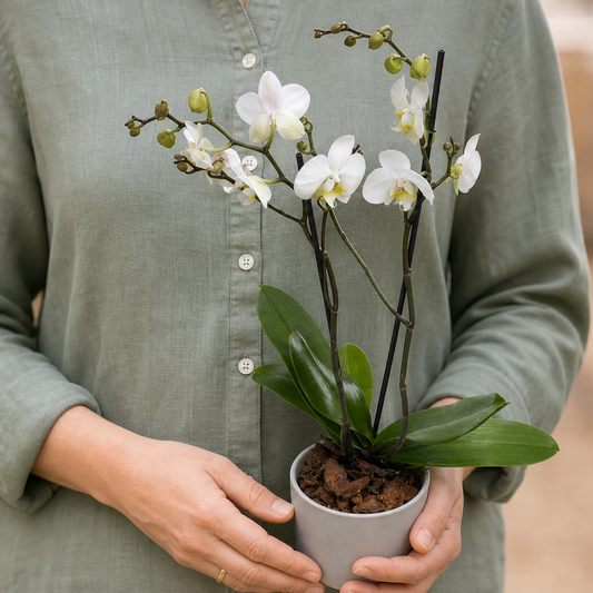 Person holding the PRETTY potted plant outdoors, torso only without face