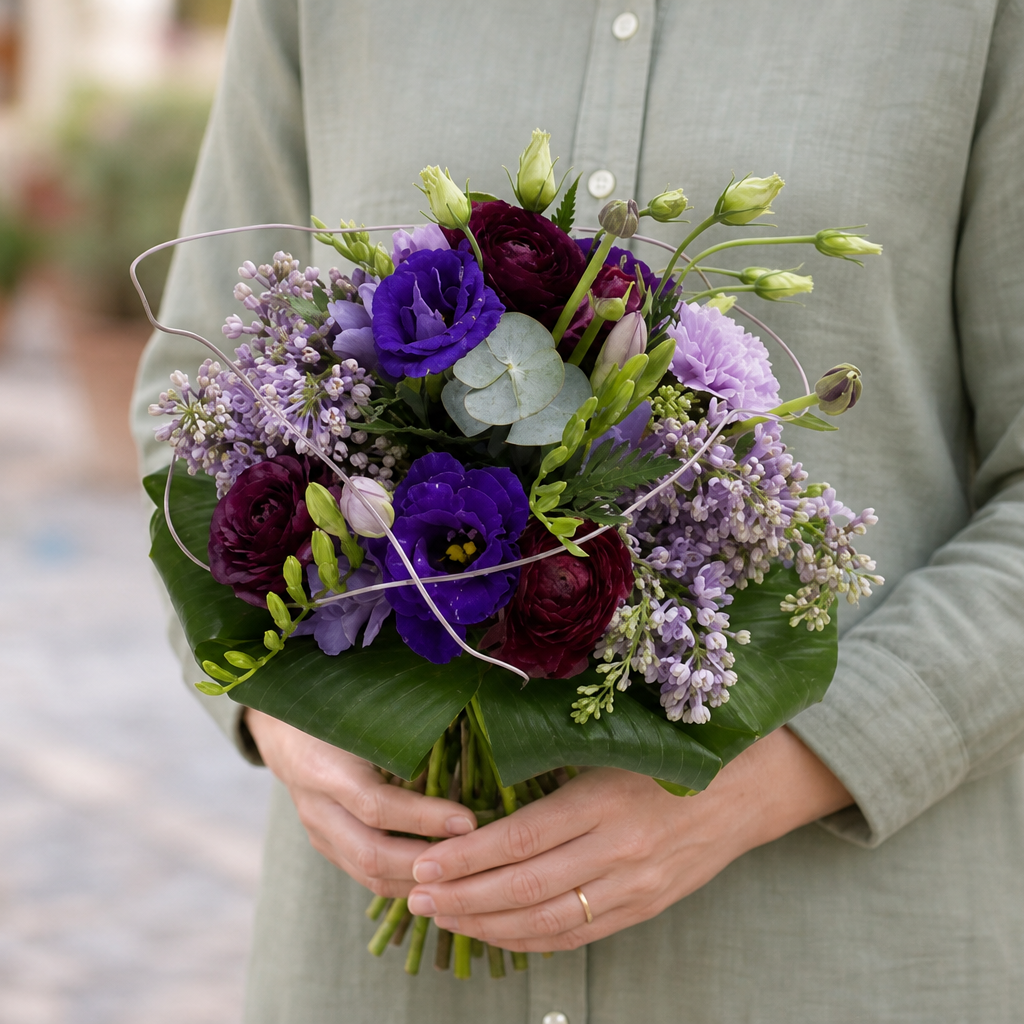 Person holding the PURETE bouquet outdoors, torso only without face