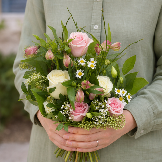 Person holding the RESPIRATION bouquet outdoors, torso only without face