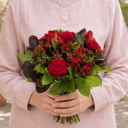 Person holding the ROMANCE bouquet outdoors, torso only without face