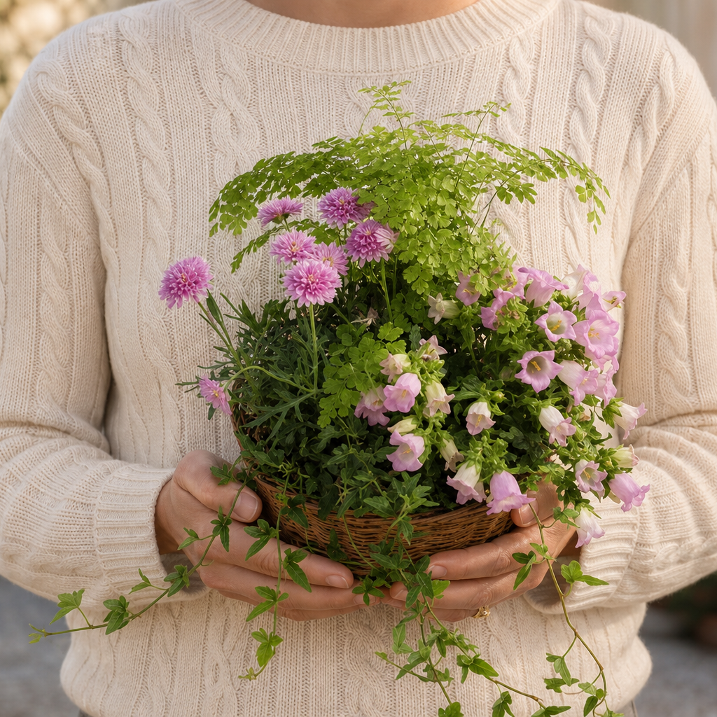 Person holding the ROYAL potted plant outdoors, torso only without face