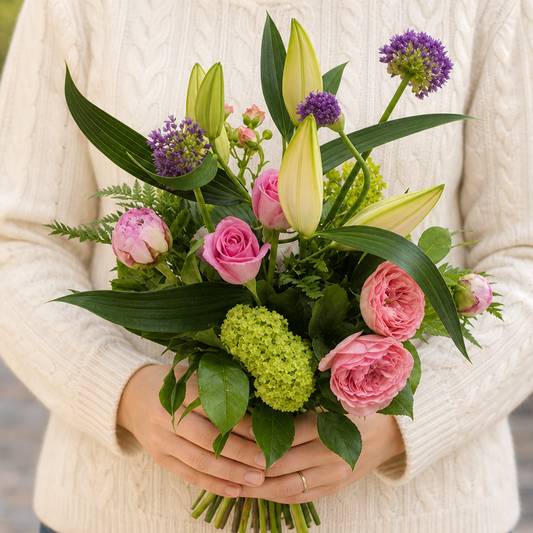 Person holding the SAISONS bouquet outdoors, torso only without face