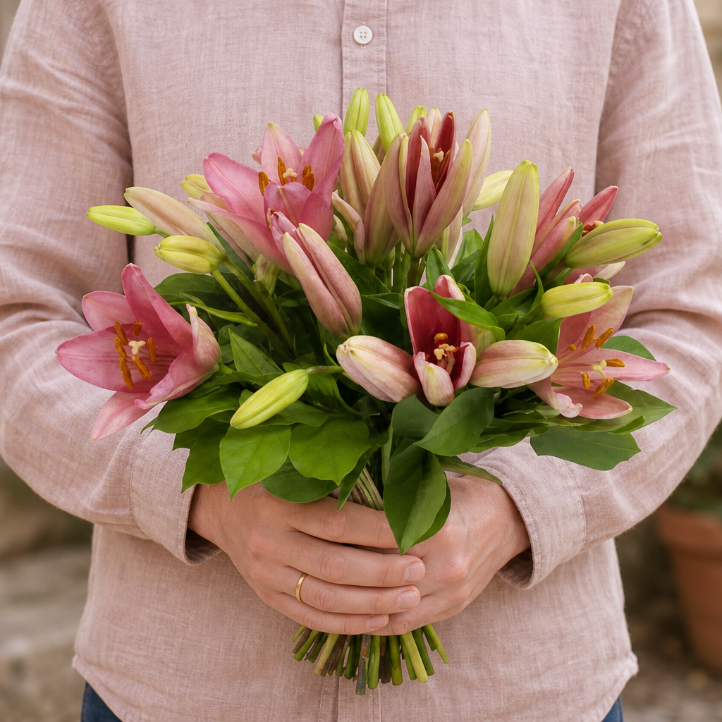 Person holding the SAPHIR 1 bouquet outdoors, torso only without face