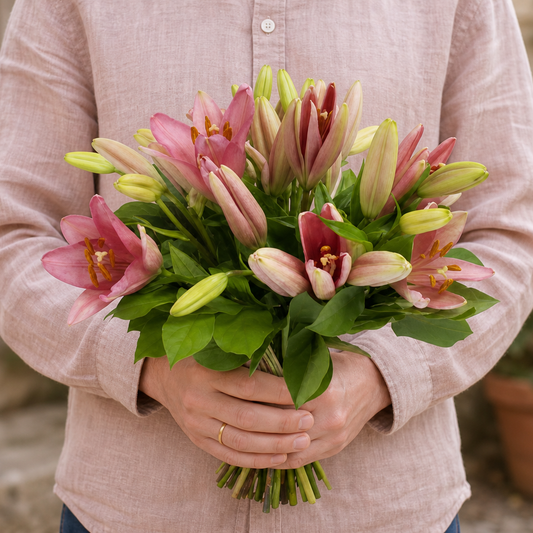 Person holding the SAPHIR 1 bouquet outdoors, torso only without face