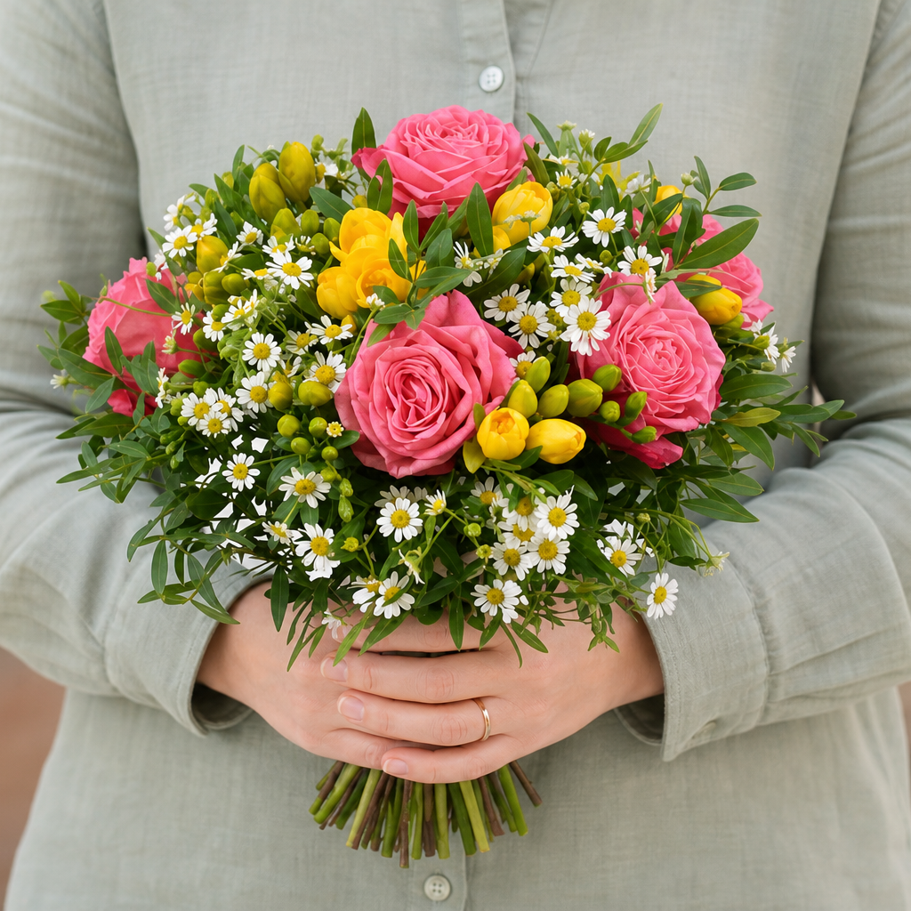 Person holding the SECRET bouquet outdoors, torso only without face