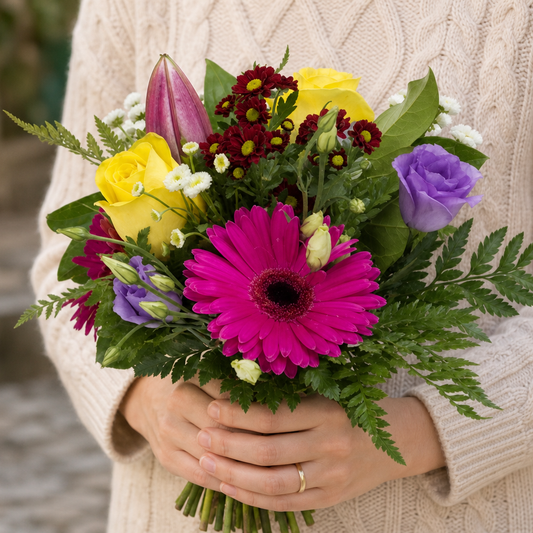 Person holding the SENSATION bouquet outdoors, torso only without face