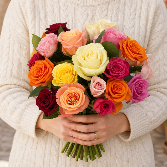 Person holding the SENTIMENTAL bouquet outdoors, torso only without face