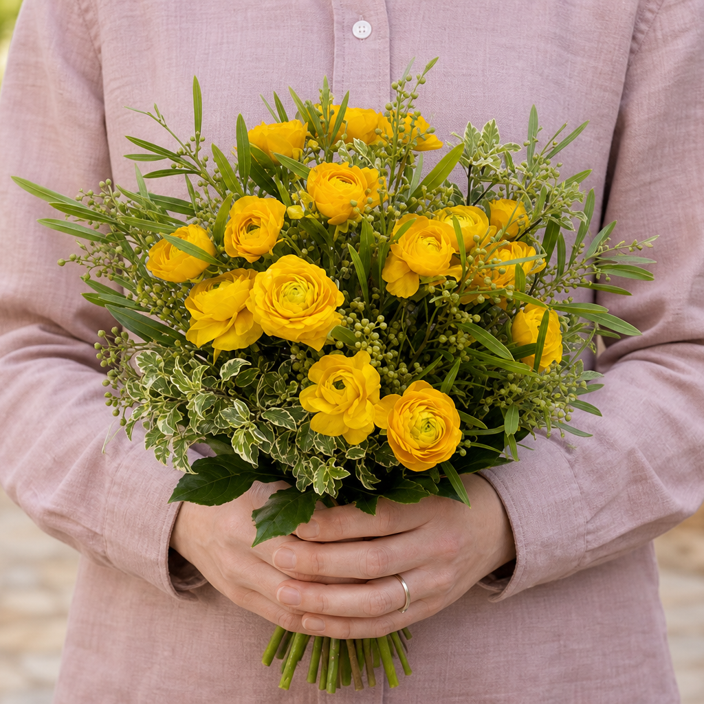 Person holding the SMILE bouquet outdoors, torso only without face