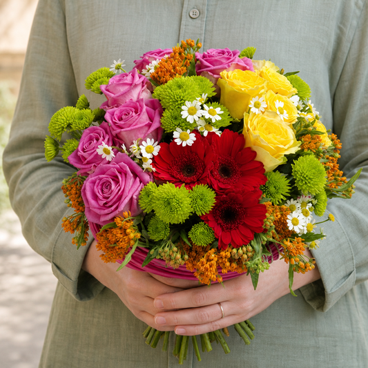 Person holding the SO WHAT bouquet outdoors, torso only without face