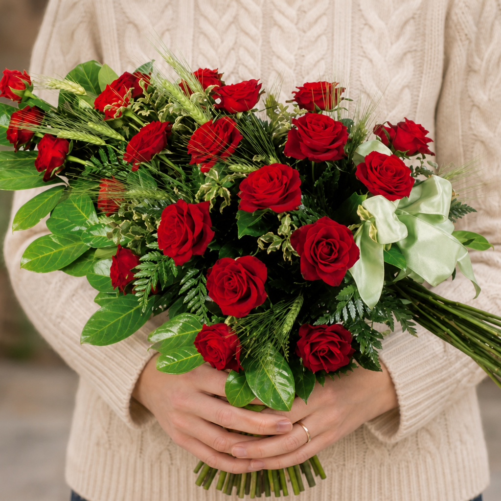 Person holding the SOFTLY bouquet outdoors, torso only without face