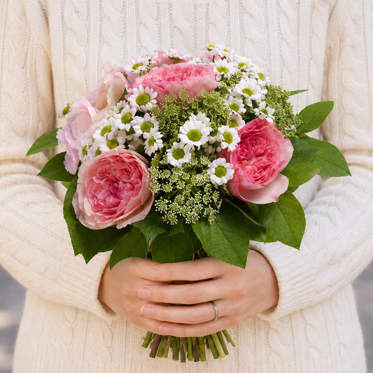 Person holding the SONOROUS bouquet outdoors, torso only without face