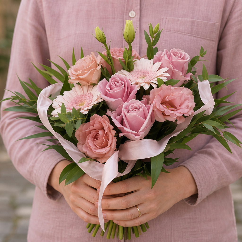 Person holding the SOPHISTICATION bouquet outdoors, torso only without face