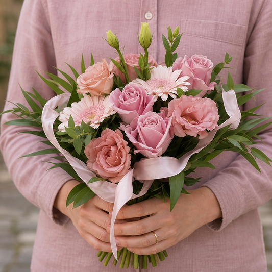 Person holding the SOPHISTICATION bouquet outdoors, torso only without face