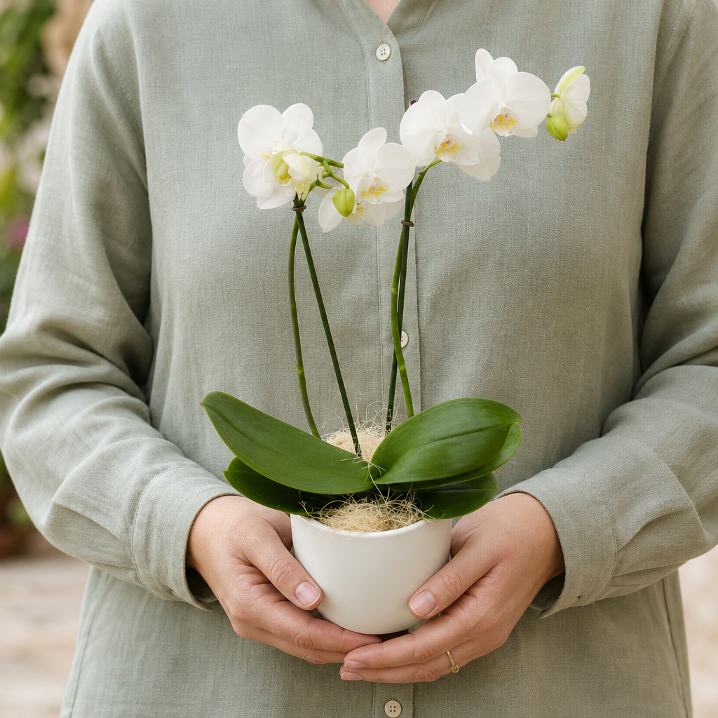 Person holding the SOUHAIT potted plant outdoors, torso only without face