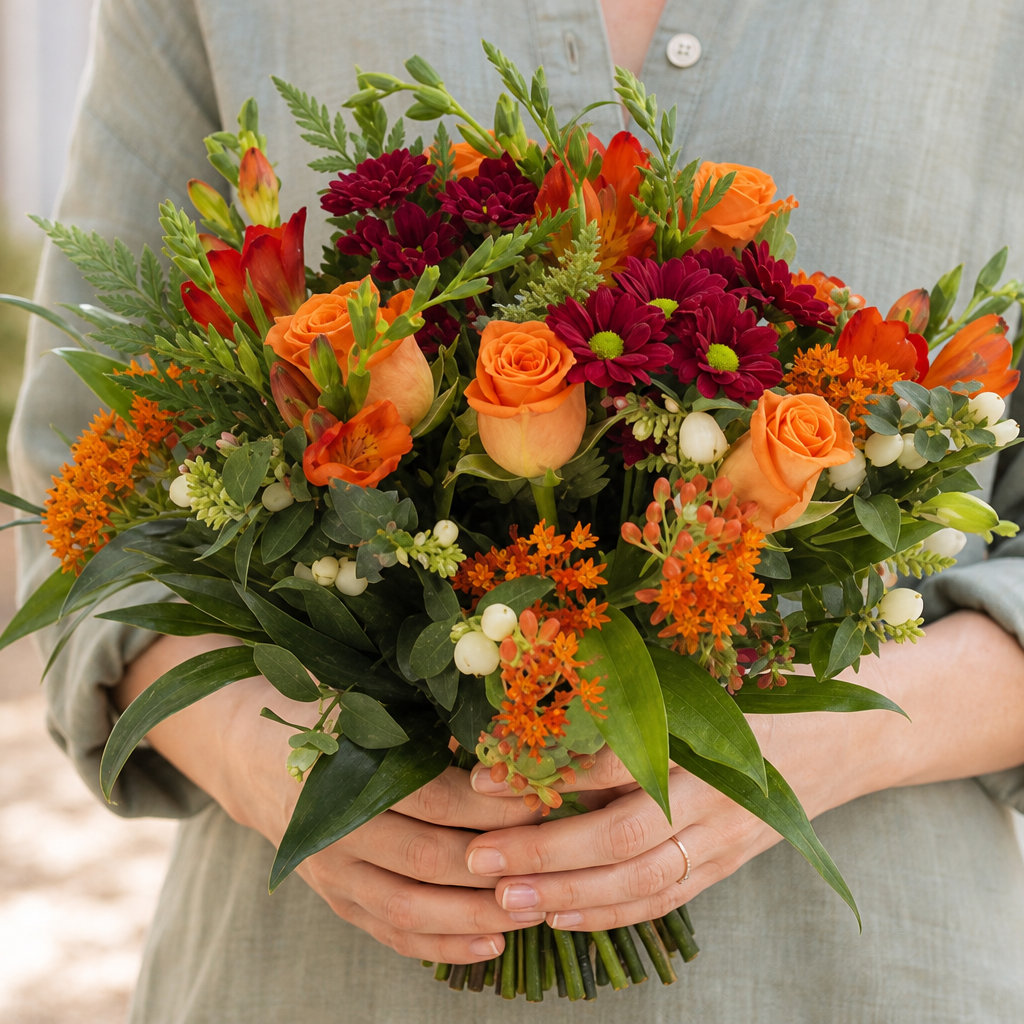 Person holding the SPECIAL bouquet outdoors, torso only without face