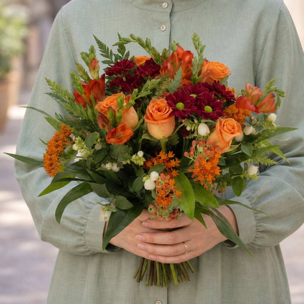 Person holding the SPECIAL bouquet outdoors, torso only without face