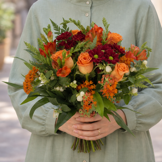 Person holding the SPECIAL bouquet outdoors, torso only without face