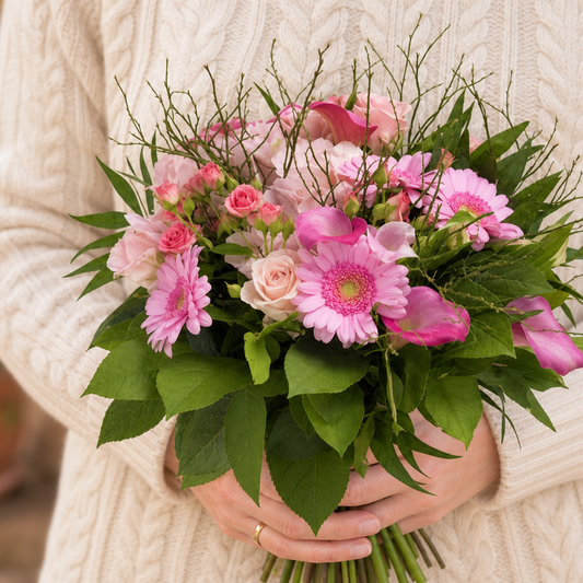 Person holding the SPICE bouquet outdoors, torso only without face