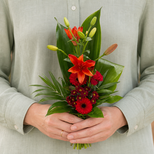 Person holding the STYLISTIC bouquet outdoors, torso only without face