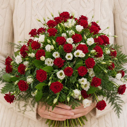 Person holding the SUMPTUOUS bouquet outdoors, torso only without face