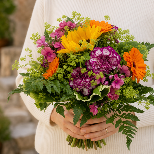 Person holding the SUNBRUST bouquet outdoors, torso only without face