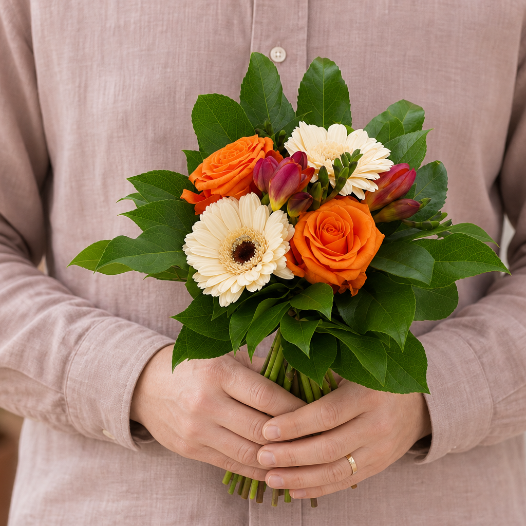 Person holding the SUNSHINE bouquet outdoors, torso only without face