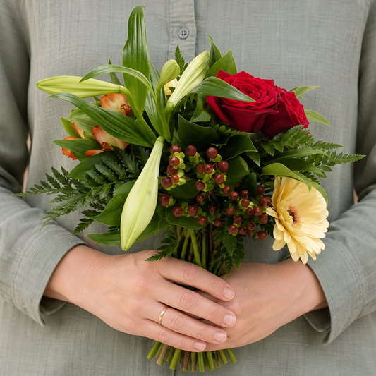 Person holding the SUPERB bouquet outdoors, torso only without face