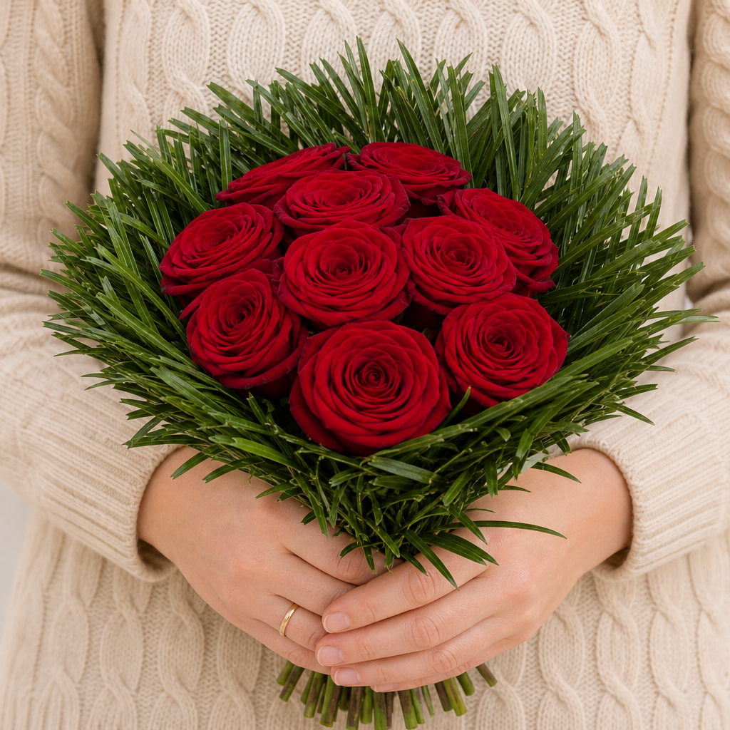 Person holding the SURPRISE bouquet outdoors, torso only without face