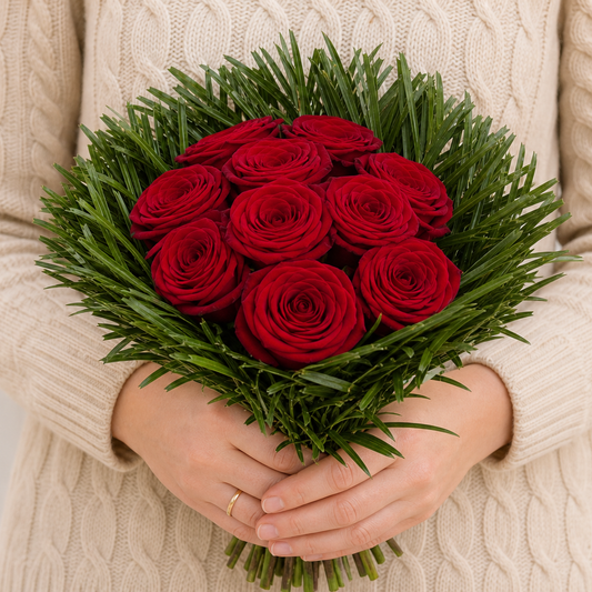 Person holding the SURPRISE bouquet outdoors, torso only without face