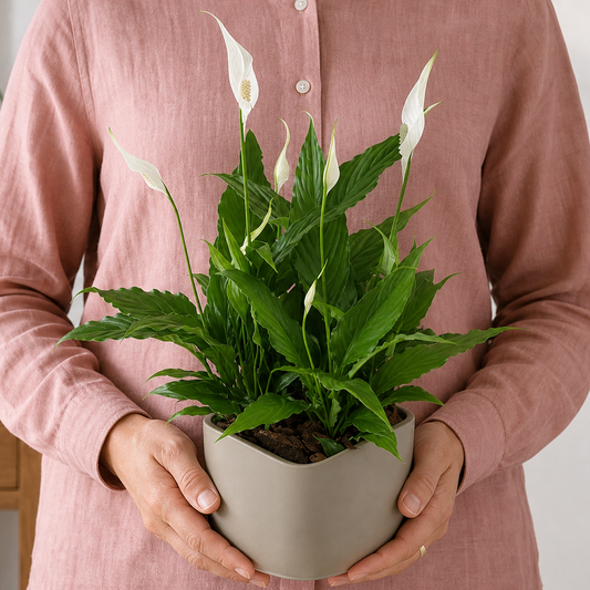 Person holding the TANGO potted plant outdoors, torso only without face