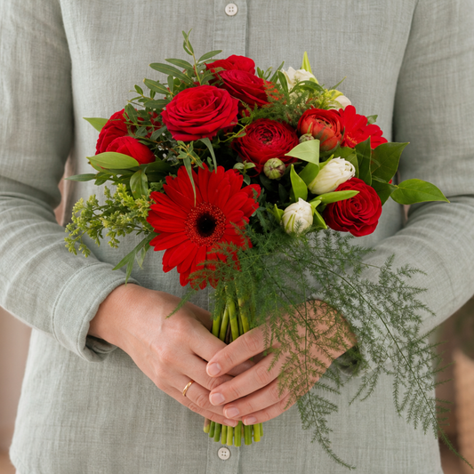 Person holding the TEMPTATION bouquet outdoors, torso only without face