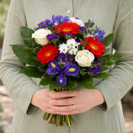 Person holding the TRANQUILITY bouquet outdoors, torso only without face